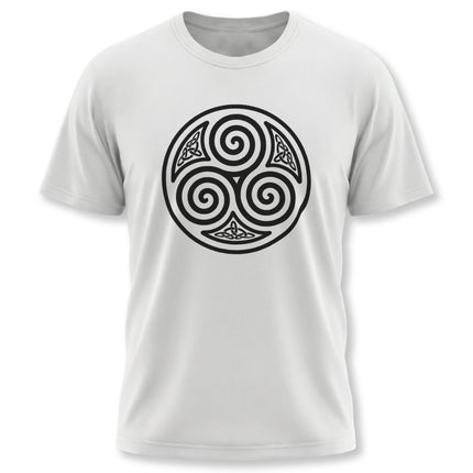 Celtic Triskelion knotwork spiral design on a white unisex t-shirt. Features the iconic Celtic triskele symbol.