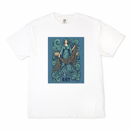 Rán Norse Sea Goddess graphic print featuring mythological ocean waves and intricate net details on a tee shirt.