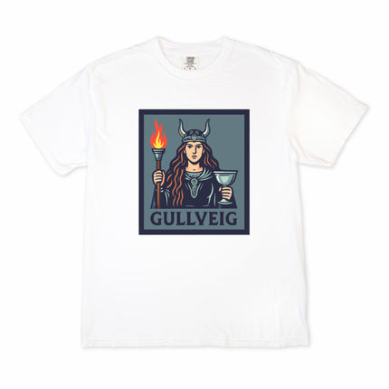 Gullveig Norse mythology tee featuring a horned goddess, torch, and chalice design.