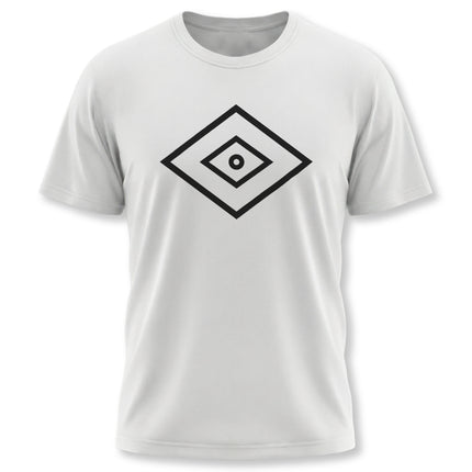 Minimalist Shaman's Eye symbol graphic on a white unisex t-shirt for spiritual wear.