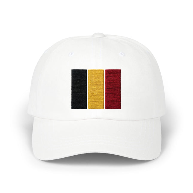 Embroidered Belgian flag cap featuring black, yellow, and red stripes.