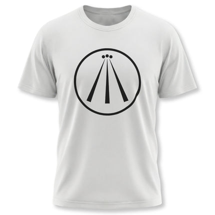 Minimalist Awen Celtic symbol graphic on a white unisex t-shirt.