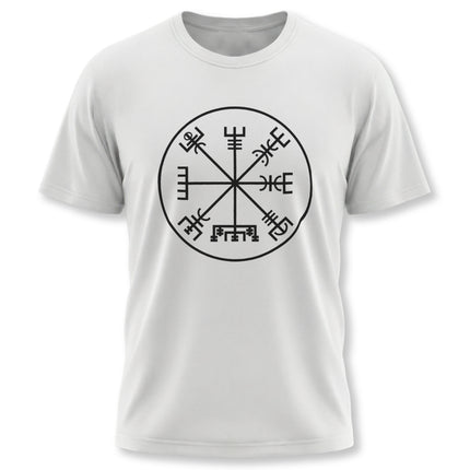 Norse Vegvisir rune compass symbol graphic tee on a white t-shirt.