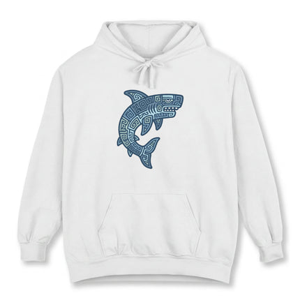 Blue geometric Mayan tribal shark design on a white pullover hoodie.