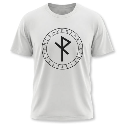 Norse Algiz rune and Elder Futhark runes graphic on a white protection t-shirt.