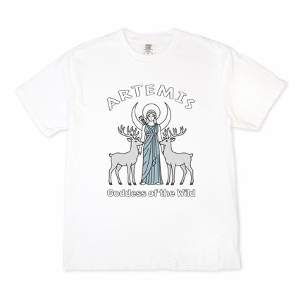 Greek mythology t-shirt featuring Artemis, a crescent moon, and wild stag forest design.