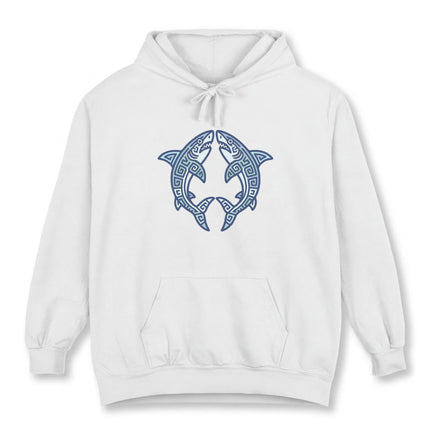 Stylized blue Mayan tribal sharks symbol graphic on a white hoodie.