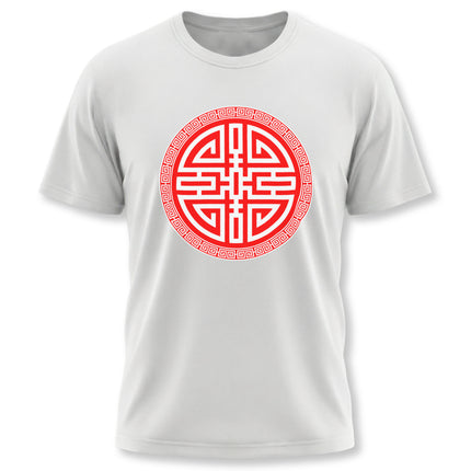 White t-shirt featuring the red Chinese Cai symbol for wealth and prosperity.