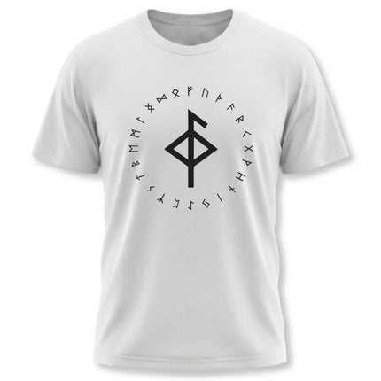 Norse Bind Rune and Elder Futhark graphic tee featuring Viking runes on a white shirt.