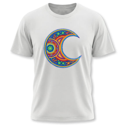 Colorful Huichol art crescent moon graphic tee with vibrant Mexican folk mandala design.