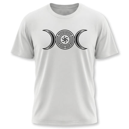 Triple Moon Goddess Wheel graphic tee for pagan witchcraft apparel.