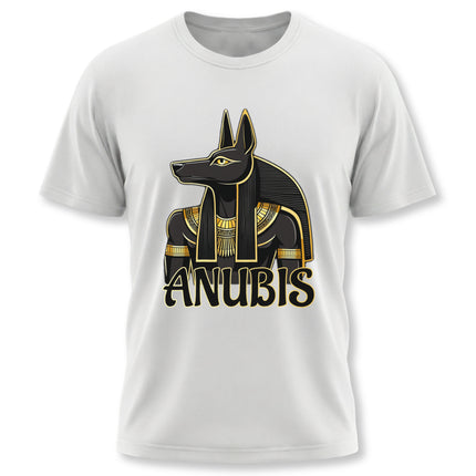 Anubis Egyptian god graphic tee. Black and gold jackal illustration on a white shirt.
