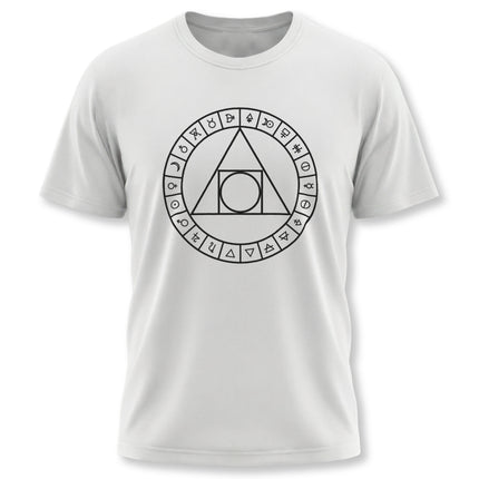 Alchemy and sacred geometry symbols graphic tee featuring occult astrological diagrams.