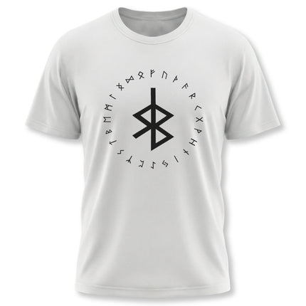 Norse rune t-shirt featuring the Bind Rune centered in a circle of Elder Futhark symbols.