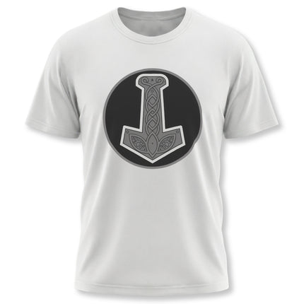 Viking Mjolnir hammer graphic tee with Norse knotwork design.
