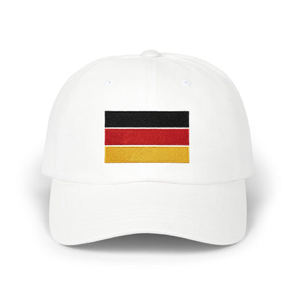 White baseball cap with embroidered German flag stripes (black, red, gold).