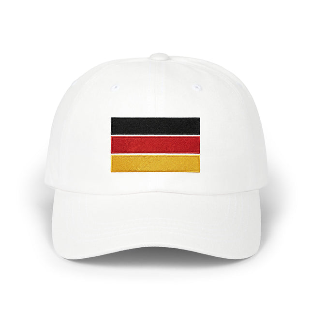 White baseball cap with embroidered German flag stripes (black, red, gold).