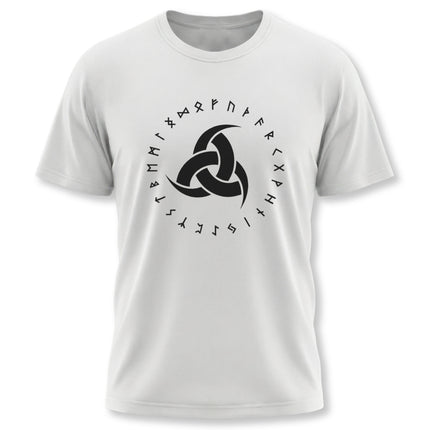 Viking Odin's horns and Elder Futhark rune circle graphic on a white t-shirt.