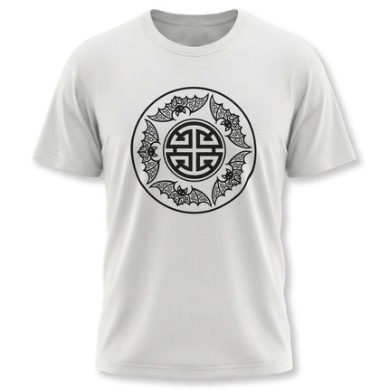 T-shirt graphic: Five Blessings symbol surrounded by auspicious Chinese bats design.