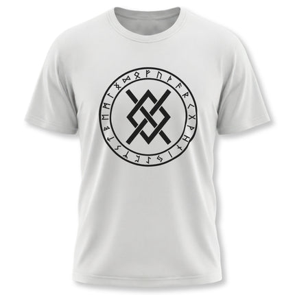 Norse rune circle graphic tee featuring Odin's Gungnir symbol and Viking knot design.