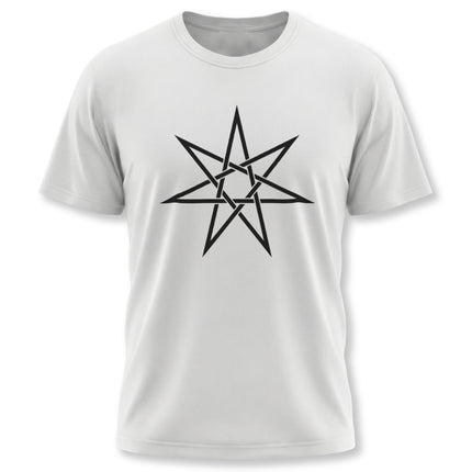Heptagram star graphic tee featuring sacred geometry design for mystical streetwear.