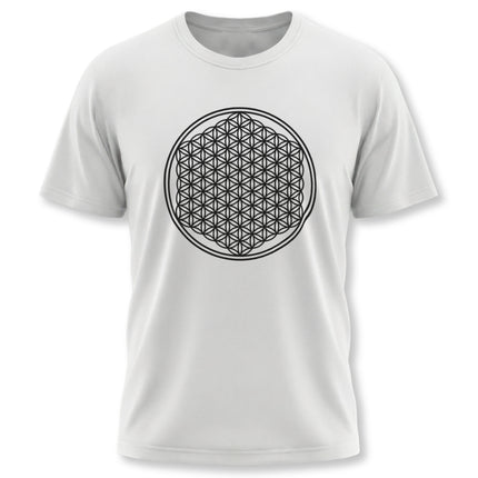 Flower of Life sacred geometry graphic tee on a white unisex t-shirt.