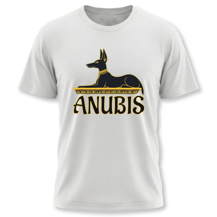 Anubis Egyptian god graphic tee shirt featuring black silhouette art.