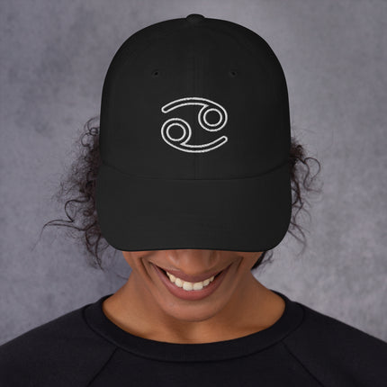 Cancer zodiac sign embroidery on a baseball cap for astrology lovers.