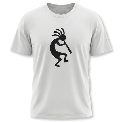 Kokopelli flute player silhouette graphic tee design, featuring native american inspired mythology art.
