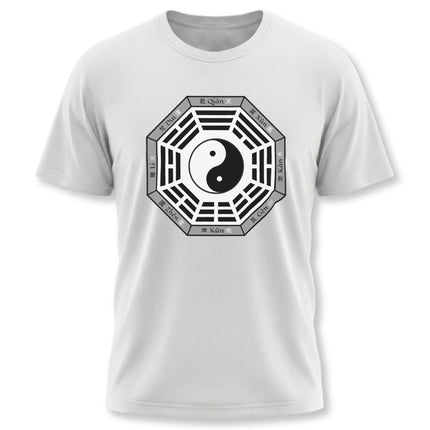 Bagua and Yin Yang symbol graphic tee featuring the I Ching trigrams. Unisex shirt for Eastern philosophy and Chinese culture.
