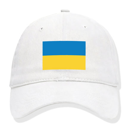 White baseball cap featuring the blue and yellow Ukrainian flag design.