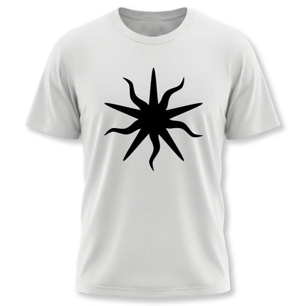 Mystical solar symbol graphic on a white t-shirt for occult or spiritual apparel.