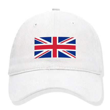 White baseball cap featuring the Union Jack British flag design.