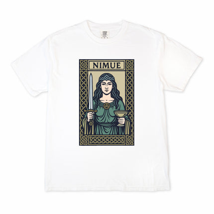 Arthurian Nimue Lady of the Lake t-shirt featuring Celtic sword and chalice artwork design.