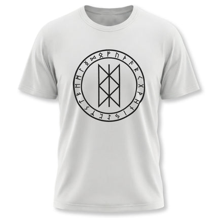 Norse rune circle t-shirt graphic featuring the Web of Wyrd design and Viking mythology symbols.