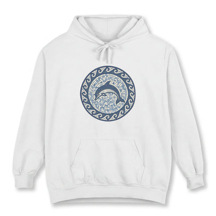Circular mosaic dolphin design featuring blue ocean wave art.
