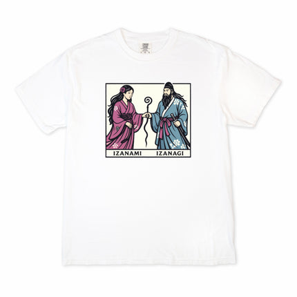 Izanami Izanagi shinto gods graphic t-shirt featuring Japanese mythology artwork.