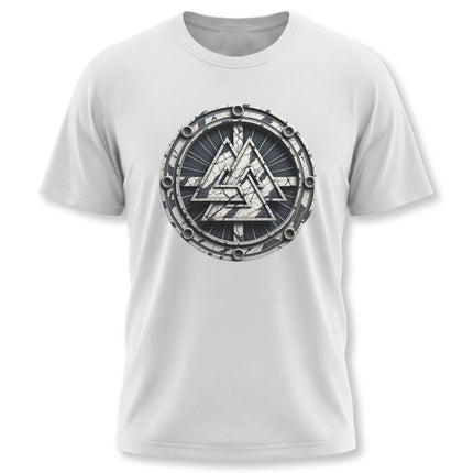 Norse Valknut symbol graphic t-shirt featuring Viking mythology design.