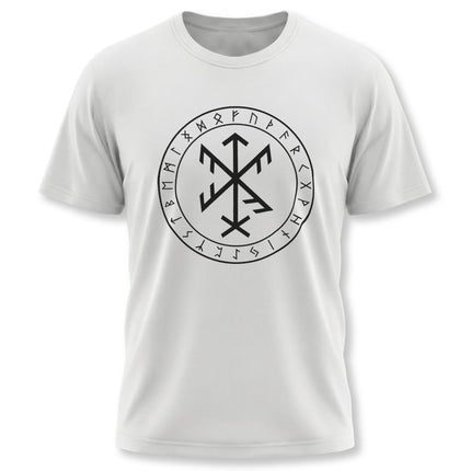 Viking Futhark runes and bind rune sigil graphic on a white unisex t-shirt.