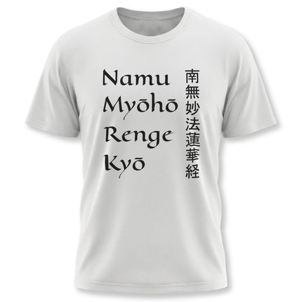 Namu Myōhō Renge Kyō Buddhist mantra t-shirt featuring Kanji characters and spiritual design.