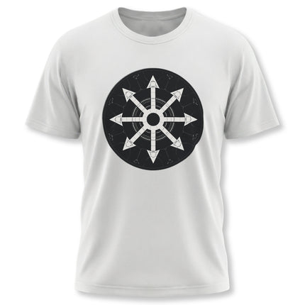 Black Chaos Star sigil graphic on a white occult magic t-shirt.