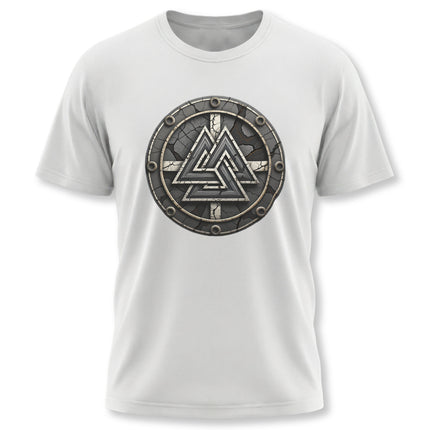 Norse Valknut symbol graphic on a white t-shirt. Viking mythology tee featuring a circular design.