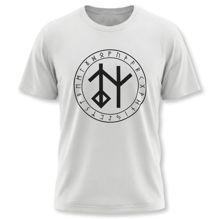 Graphic tee featuring a bind rune symbol surrounded by the full Futhark runic alphabet.