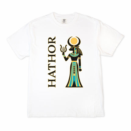 Hathor Egyptian Goddess t-shirt featuring ancient mythology sun disk design print.
