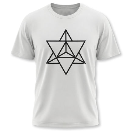 Sacred geometry Merkaba symbol graphic tee design in black line art on white.