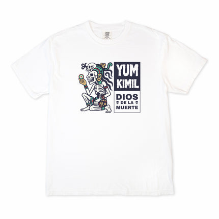 Yum Kimil Mayan Death God skeleton print on a t-shirt, featuring mesoamerican mythology art.