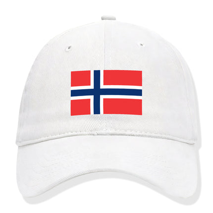White baseball cap featuring the Norwegian flag. Nordic national symbol design.