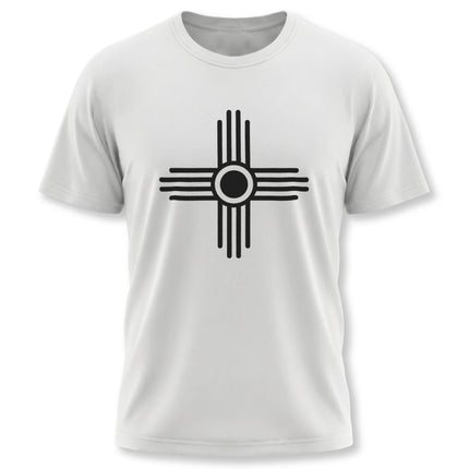 Black Zia Sun symbol graphic on a white unisex t-shirt.