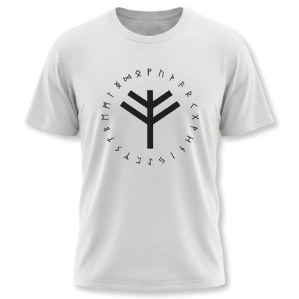 Norse runic t-shirt featuring a bind rune sigil surrounded by the Elder Futhark alphabet.