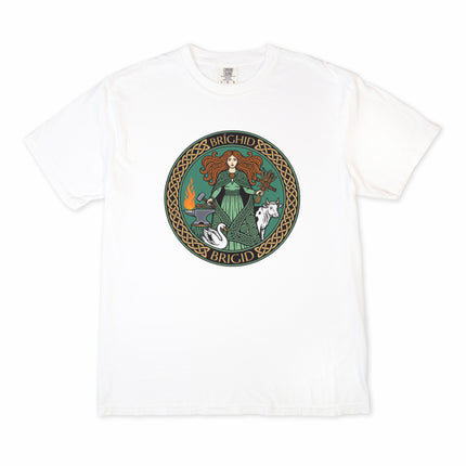 Brighid Celtic goddess t-shirt featuring Irish mythology art: fire, swan, cow, and forge motifs.